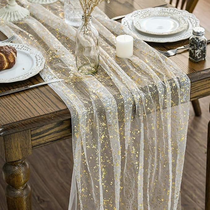 Artoid Mode 3Pcs Beige Gold Gauze Table Runner 120 Inch 10FT, Glitter Metallic Foil Sheer Dining Wedding Anniversary Holiday Birthday Table Decor for Home Party