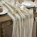 Artoid Mode 6Pcs Beige Gold Gauze Table Runner 120 Inch 10FT, Glitter Metallic Foil Sheer Dining Wedding Anniversary Holiday Birthday Table Decor for Home Party