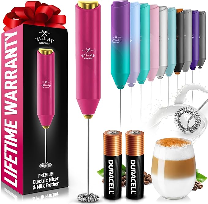 Zulay Kitchen Milk Frother Handheld with 2 Duracell AA Batteries – Electric Drink Mixer for Coffee, Lattes, Cappuccinos, Matcha & Hot Chocolate – Portable Foam Maker & Coffee Bar Accessory