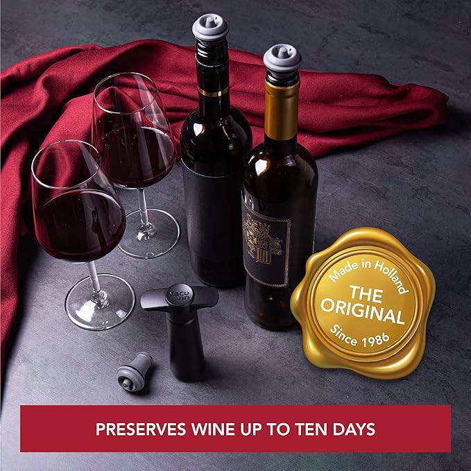 Vacu Vin Wine Saver Pump Red with Vacuum Wine Stopper - Keep Your Wine Fresh for up to 10 Days - 1 Pump 4 Stoppers - Reusable - Made in the Netherlands