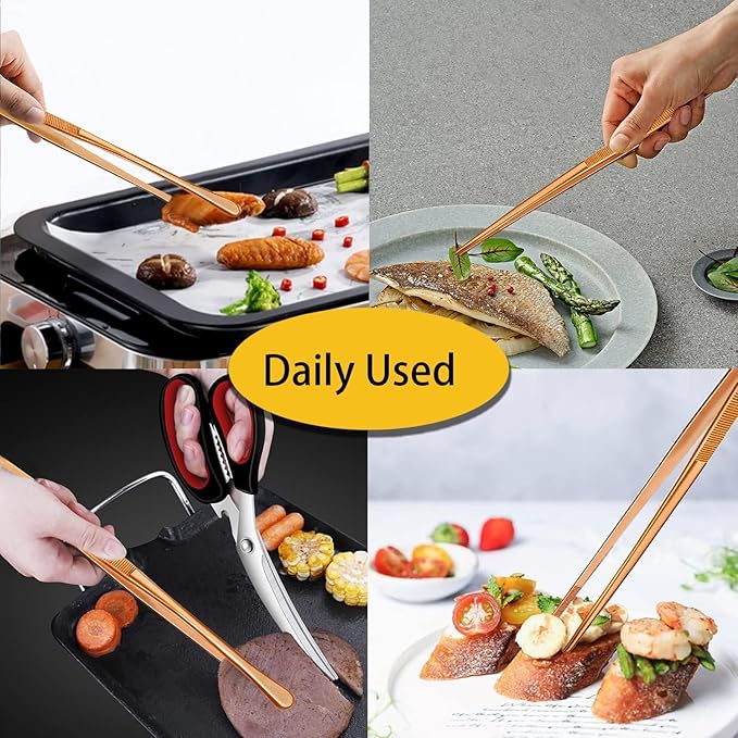JETKONG 2 Pcs 12-Inch Kitchen Tweezers Cooking Tweezer Tongs Stainless Steel Long Food Tweezers (Rose Gold)