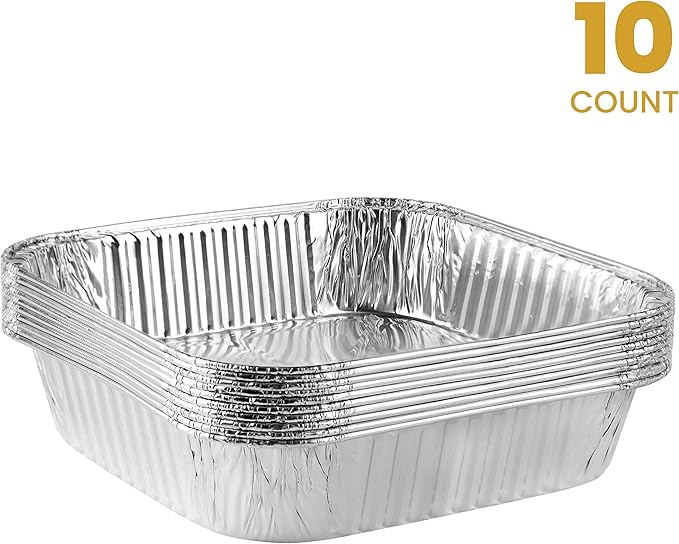 PLASTICPRO Disposable 8'' X 8'' X 2'' Inch Square Aluminum Tin Foil Baking Pans Bakeware - Cookware Perfect for Baking Cakes, Breads, Brownies, Bread, Meatloaf, Lasagna, Pack of 10