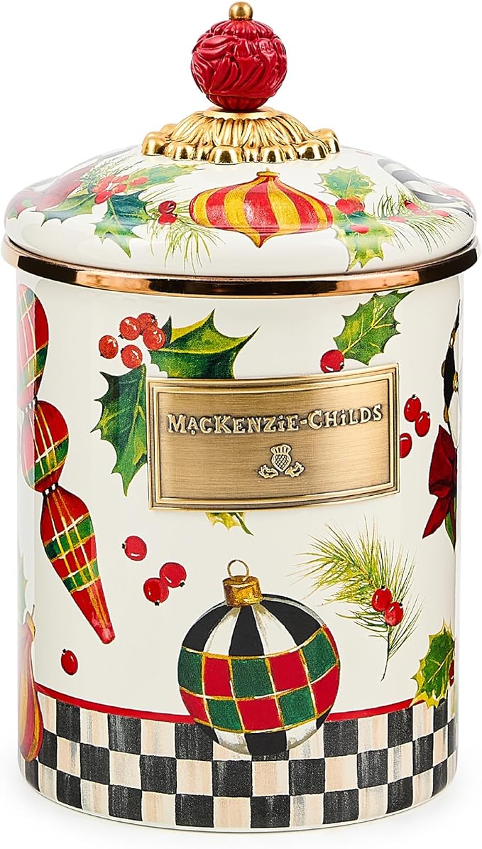 MACKENZIE-CHILDS Enamel Canister, Kitchen Storage Container with Lid, Medium, Deck the Halls