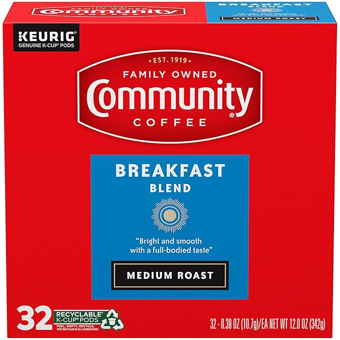 Community Coffee Breakfast Blend, Medium Roast, Single-Serve Keurig K-Cup Pods, 32 Count (Pack of 4)
