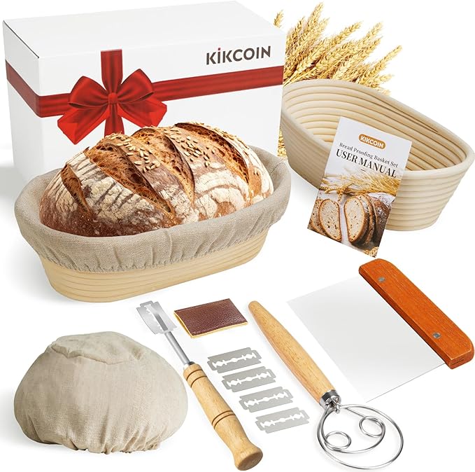 KIKCOIN Banneton Bread Proofing Basket, 10 Inch Oval Sourdough Bread Baking Supplies, Sourdough Proofing Basket Set of 2, Sourdough Starter Kit with Bread Lame, Linen Liner, Metal Scraper, Dough Whisk