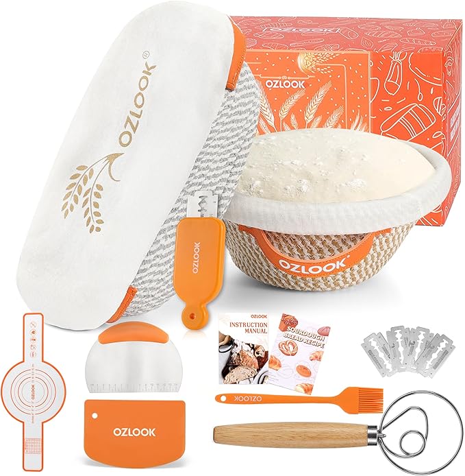 Sourdough Starter Kit,10 Inch Round & 9 Oval Cotton Rope Banneton Bread Proofing Basket with Bread Lame, Scraper,Sling, Dough Whisk,Perfect Gifts for Bakers Sourdough Bread Baking Supplies