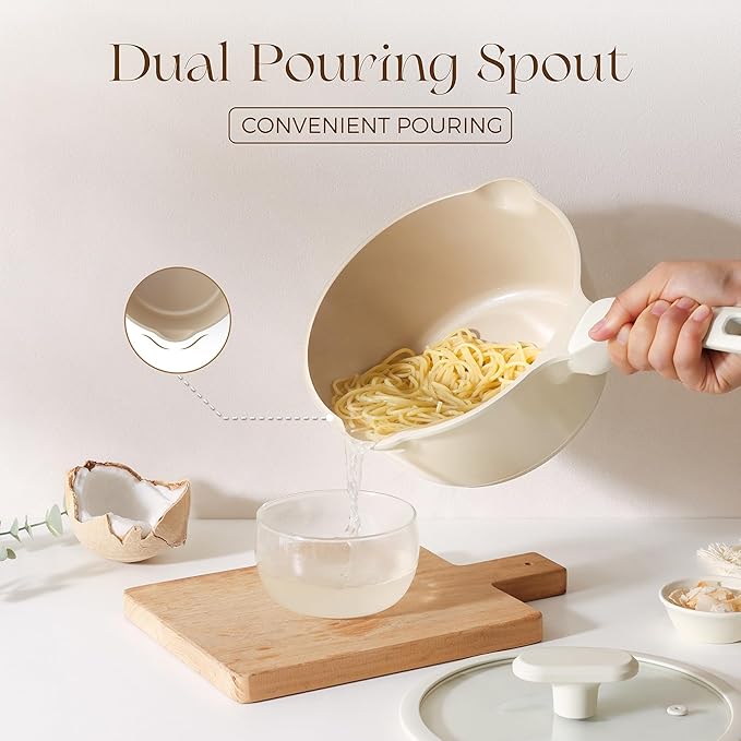 PRICUSIS Ceramic Nonstick Saucepan with Lid, 2 Quart Non Toxic Pot with Pour Spouts, Full Coated, 100% Dishwasher Safe, Induction Compatible & Oven Safe, PTFE PFAS & PFOA Free, Coconut White