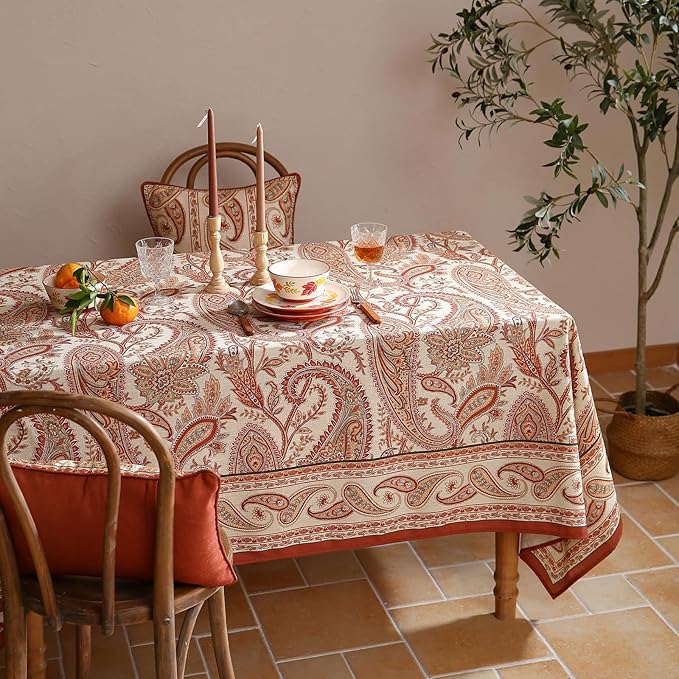 ISAENNE Designer French Red Tablecloth Rectangular,Fall Linen Table Cloth with Cashew Pattern,Stain Proof Decor Tablecloths for Dining Thanksgiving Kitchen Christmas,55"*79"-Chauffrey D