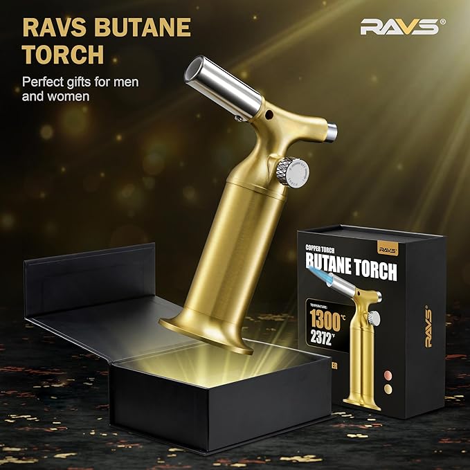 RAVS Butane Torch Lighter with Solid Copper Design, Kitchen Torch Lighter with Adjustable Flame, Refillable Creme Brulee Torch for Cooking, Soldering, Birthday Gifts for Men Women, Butane Not Included