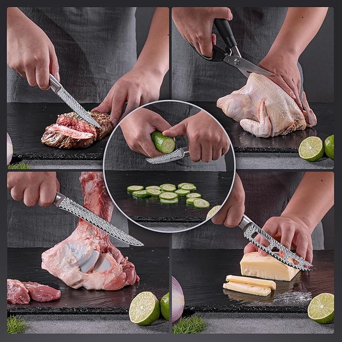 Knife Set, Astercook 21 Pieces Kitchen Knife Set with Built-in Sharpener, German Stainless Steel Knife Block Set, Razor-Sharp Knives with Full-tang Handle, Dishwasher Safe, Silver