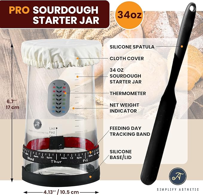 Sourdough Starter Kit with 35oz Jar, 2 Cotton Rope Proofing Baskets (9" round & 10" oval), Recipe Book,Thermometer, Bread Lame, Silicone Spatula & Bread Bag - Complete Sourdough Baking Supplies &Tools