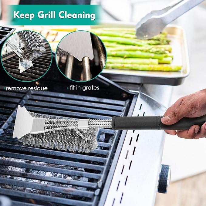 HaSteeL Grilling Utensil Set 18in, Stainless Steel BBQ Accessories Tools with Bag for Outdoor Cooking Camping, Heavy Duty Grill Spatula, Tong, Meat Fork, Basting Brush, Cleaning Brush, Man’s Gift