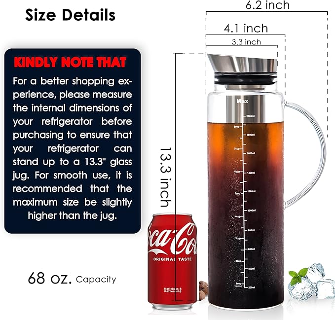Aquach 68 Oz Cold Brew Coffee & Iced Tea Maker – Airtight Lid for Freshness Up to 2 Weeks, Dishwasher Safe