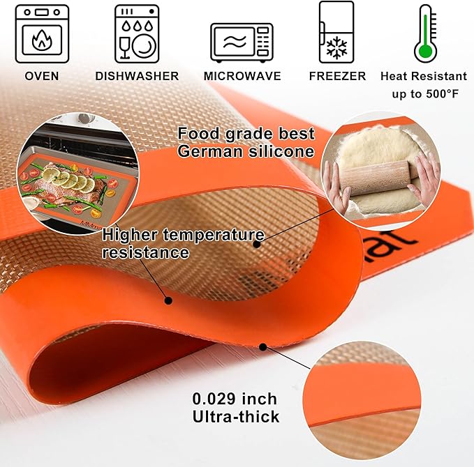 Silicone Baking Mats - Best German Silicone - Non Slip Silicone Baking Sheet, Non Stick Reusable Silicone Mats for Baking, Oven Liner, Counter Mat - 2 Toaster Oven Size Baking Mats