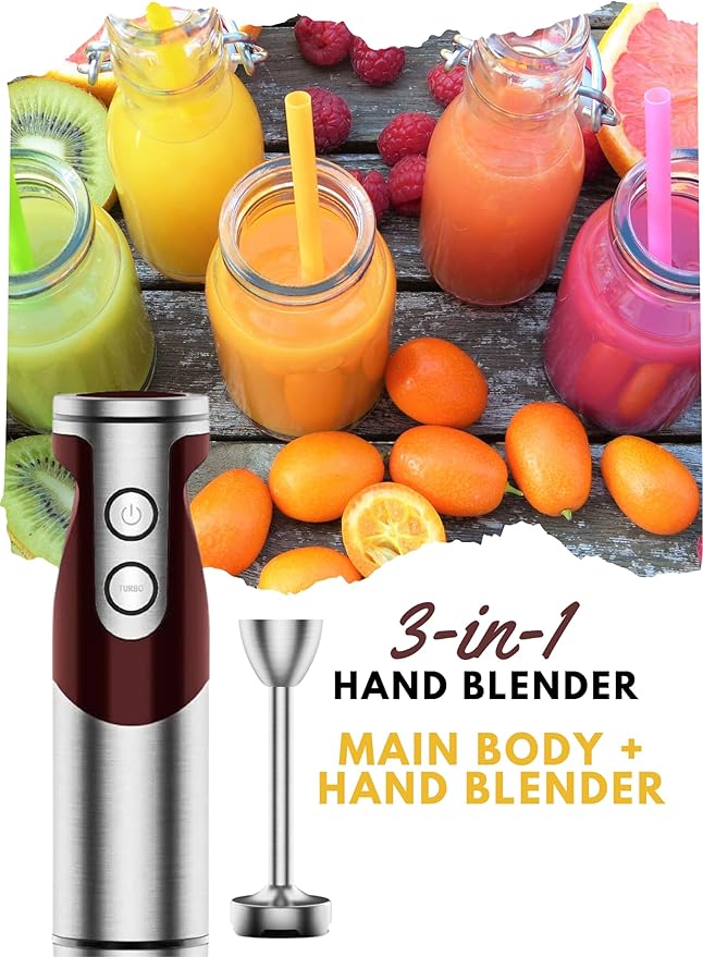 Megawise 3-in-1 Hand Blender – 12-Speed, Includes Powerful Blender Stick, Whisk, and Milk Frother – Easy to Clean and Perfect for Smoothies, and More (Red)