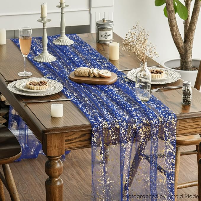 Artoid Mode 6PCS Blue Gold Gauze Table Runner 120 Inch 10FT, Glitter Metallic Foil Sheer Dining Wedding Anniversary Holiday Table Decor for Home Party