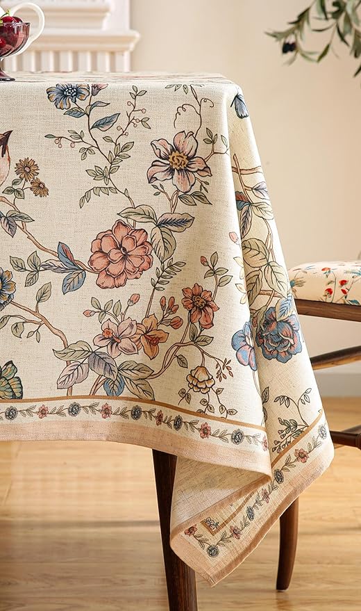 ISAENNE Designer French Light Beige Small Rectangular Tablecloth,Linen Florals and Birds Pattern Table Cloth,Anti-Wrinkle Decorative Tablecloths for Dining Thanksgiving Kitchen,55"*71"-Cornucopia