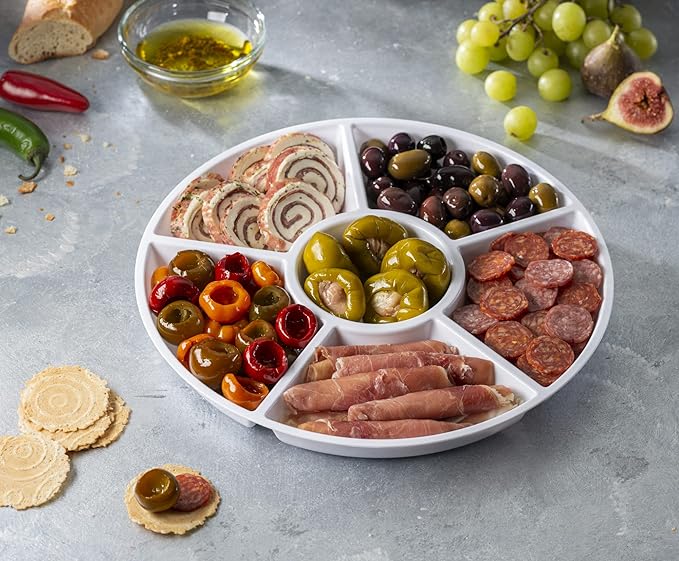Plasticpro 6 Sectional Round Plastic Serving Tray/Platter (2, White)