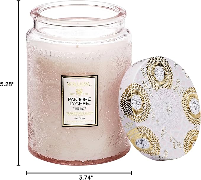 Voluspa Panjore Lychee, Large Candle Jar, 18 oz, 100 Hour Burn Time, Coconut Wax for Clean Burning, Handcrafted in the USA