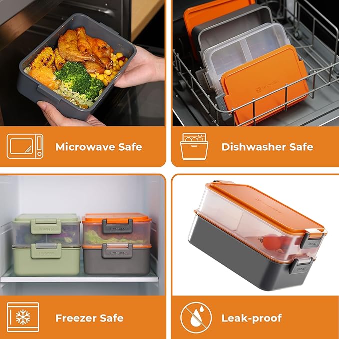 Linoroso Stackable Bento Lunch Box | Meet All Your On-the-Go Food, Salad and Snack Needs, Premium Adult Lunch Box Includes Utensil Set, Dressing Containers - Lava Orange