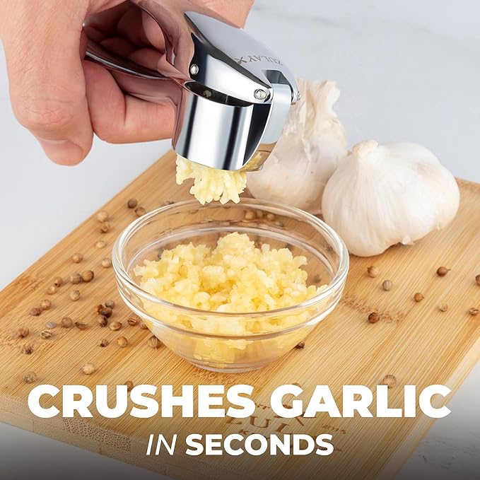 Zulay Kitchen Premium Garlic Press Set – Rust Proof & Dishwasher Safe Garlic Mincer Tool with Silicone Garlic Peeler & Brush, Easy Squeeze & Clean, Ergonomic Soft Grip Handle - Medium – Chrome