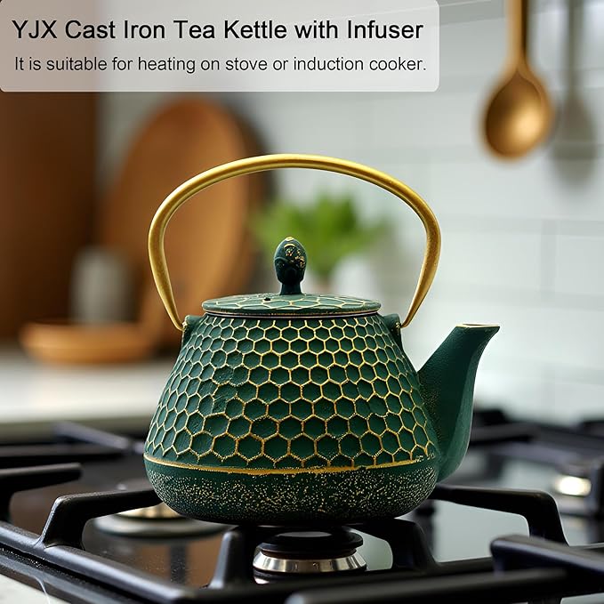 YJX Cast Iron Teapot and Cups Set, 33.8oz Hexagon Pattern Tea Pot Enameled Interior, Tea Kettle for Stovetop, Japanese Teapot Set with Teacups for Adults, Green Kettle with Infuser for Loose Leaf