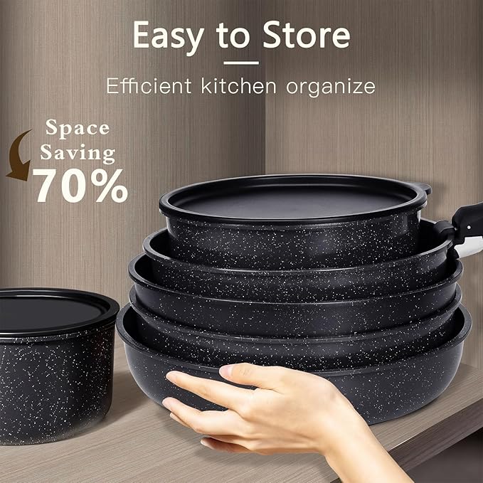 GiPP Ceramic Pots and Pans Set Non Stick, 11 Piece Nonstick Detachable Handle Cookware Sets, Non Toxic Induction Kitchen Pot and Pan with Removable Handle, Healthy RV Cookware, Dishwasher ＆Oven Safe