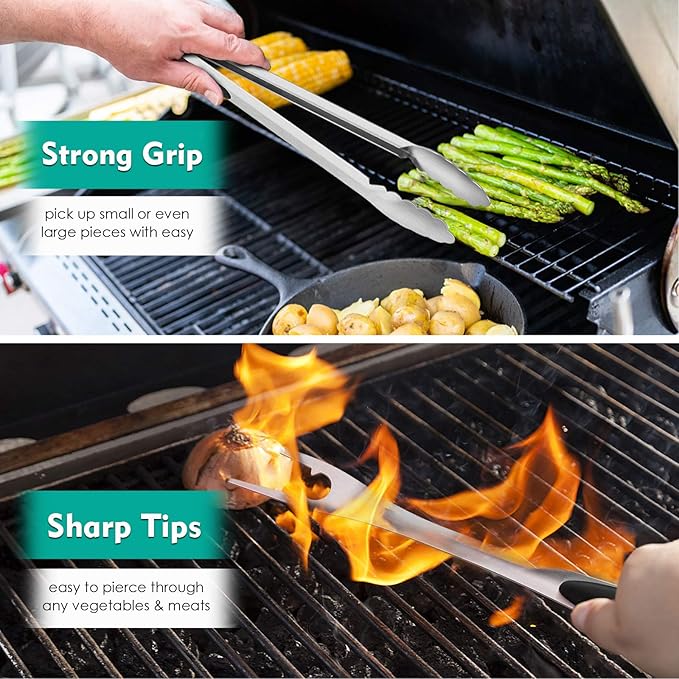 HaSteeL Grilling Utensil Set 18in, Stainless Steel BBQ Accessories Tools with Bag for Outdoor Cooking Camping, Heavy Duty Grill Spatula, Tong, Meat Fork, Basting Brush, Cleaning Brush, Man’s Gift