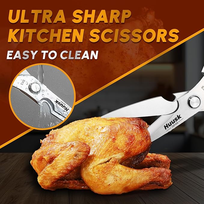 HUUSK Kitchen Scissors and Vegetable Peeler Set - Silver Stainless Steel Cooking Kitchen Shears for Food with Serrated Peeler, Heavy Duty Japanese Style Dishwasher Safe Meat Scissors for all Purpose