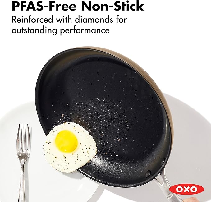 OXO Enhanced 12” Nonstick Frying Pan Skillet, Ceramic PFAS-Free Cookware, Stainless Steel Handle, Eggs & Omelets, Dishwasher & Oven Safe, Biscuit Brown