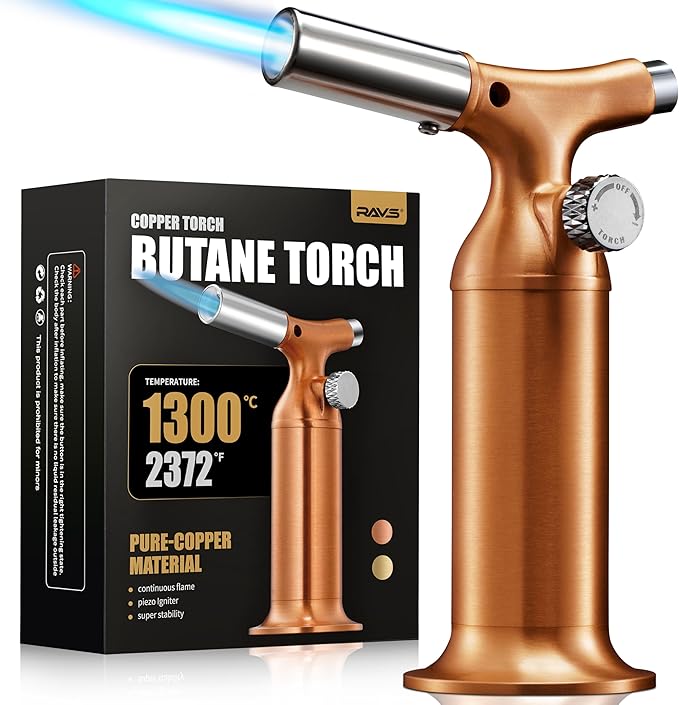 RAVS Butane Torch Lighter with Solid Copper Design, Kitchen Torch Lighter with Adjustable Flame, Refillable Creme Brulee Torch for Cooking, Soldering, Birthday Gifts for Women Men, Butane Not Included