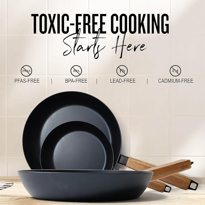Alva Forest 8" & 11" Carbon Steel Frying Pan Set – Naturally Nonstick, Pre-Seasoned, with Acacia Wood Handle, Made Without PTFE, PFOA, PFAS – Sustainable Belgian Design, Induction & All-Stovetop Safe