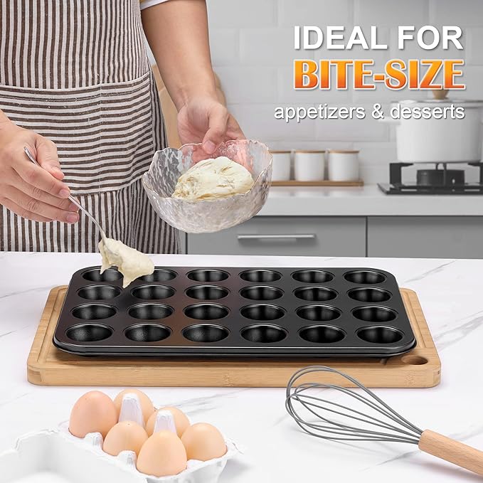 E-far Mini Muffin Pan 24-Cup - Nonstick Carbon Steel Cupcake Tin Tray for Little Bites & Freezer Prep | Warp-Free Bakeware Ensures Even Baking & Effortless Release, Regular Size & Oven Safe