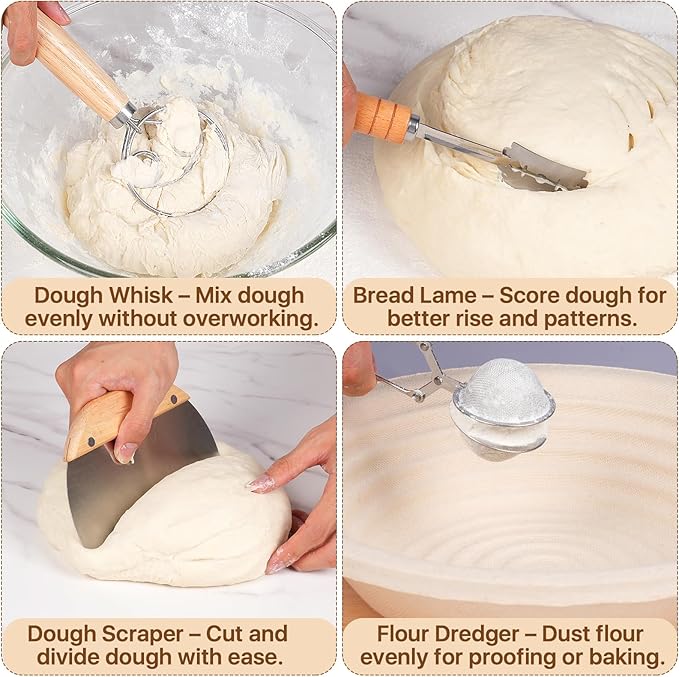 Non-Stick Oval Wood Pulp Banneton Bread Proofing Basket Set, Sourdough Banneton Basket Kit, Bread Making Tool Sourdough Starter Kit with Proofing Bowl, Cover, Dough Whisk, Lame, Scraper