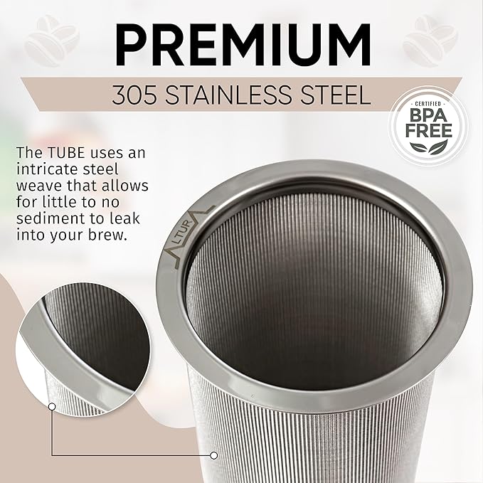 Altura The TUBE Cold Brew Coffee Maker and Tea Infuser for Wide Mouth Mason Jars - Stainless Steel Cold Brew Filter Strainer for Iced Coffee, Fruit Water & More - (32oz/1qt)