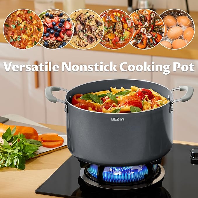 8 Quart Nonstick Stock Pot with Lid, BEZIA Ceramic Soup Pot with Lid, Induction Ready, Large Cooking Pot with Silicone Handle, Compatible with All Cooktops, Dishwasher Safe