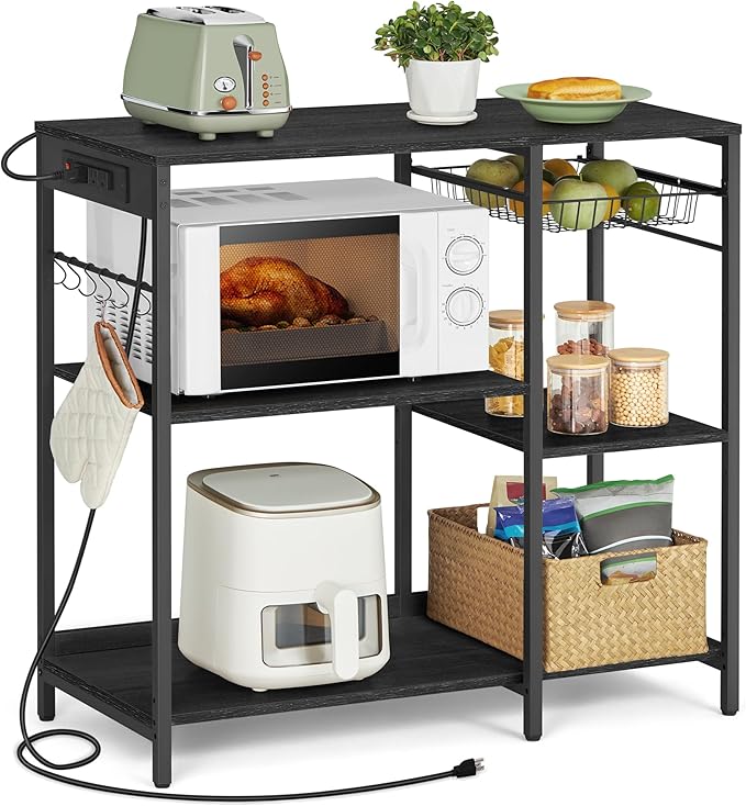 VASAGLE Baker's Rack, Coffee Bar Stand with Charging Station, Storage Shelves, Pull-Out Wire Basket, Table for Microwave, Kitchen, Charcoal Gray UKKS036B22, 15.7 x 35.4 x 35.6 Inches