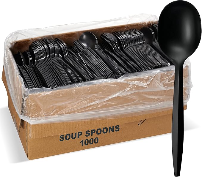 1,000 Plastic Disposable Soup Spoons Bulk Black Medium Weight Disposable Silverware Plastic Cutlery Spoons