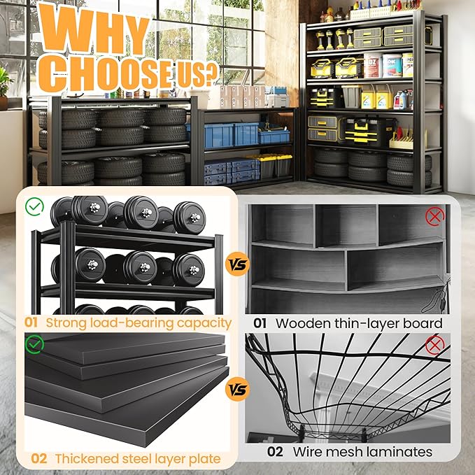 72" H Garage Shelving, Heavy Duty Storage Shelves, Garage Storage Shelves, Adjustable 5 Tier Metal Shelving Unit, Utility Shelves for Warehouse Backyard, 72" H×48" W×24" D