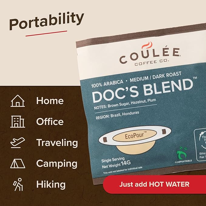 Coulée EcoPour Doc's Blend Coffee, Single Serve Pour Over Arabic Coffee, Dark Roast, Use for Camping or Traveling, Pre Filled Compostable Filters, Ready to Brew with Hot Water, 20 Pack