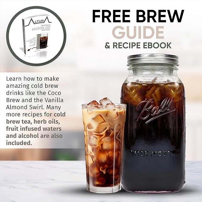 Altura The TUBE+ Cold Brew Coffee Maker and Tea Infuser for Wide Mouth Mason Jars - Stainless Steel Cold Brew Filter Strainer for Iced Coffee, Fruit Water & More - (64oz/2qt)