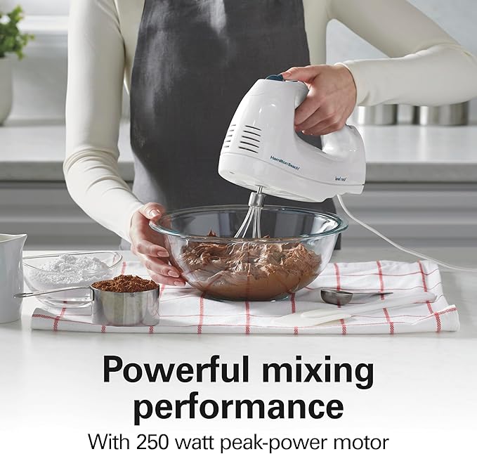 Hamilton Beach 6-Speed Electric Hand Mixer with Whisk, Traditional Beaters, Snap-On Storage Case, 250 Watts, White