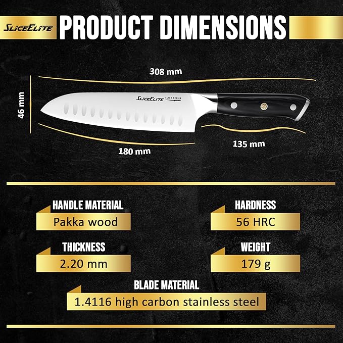 SliceElite Slice Series Santoku Knife 7 Inch High Carbon German Steel Blade Pakkawood Handle Dual Sheaths Kitchen Knife for Meat Cutting Chopping Chefs Cooking Tool Sharp Vegetable BBQ Knife Gift