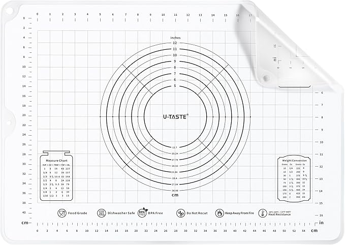 U-Taste 28"x20" Large Pastry Mat: Food-Grade Liquid Silicone Dough Rolling Baking Sheet, Non-Stick Non-Slip for Kneading, Making Pizza, Fondant with Clear Measurement and Raised Edges (Transparent)