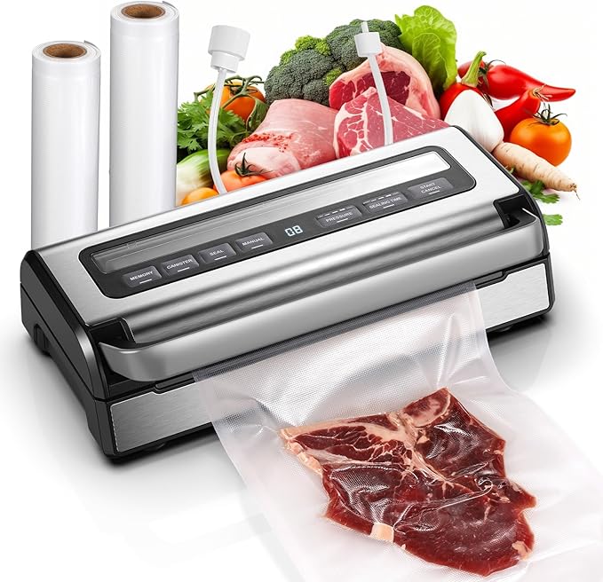 95KPa Automatic Vacuum Sealer, 9-in-1 Food Sealer for Dry/Moist/Liquid Foods, Double Heat Seal & Pump, Includes Bag Rolls & Hose, Built-in Cutter, Stainless Steel