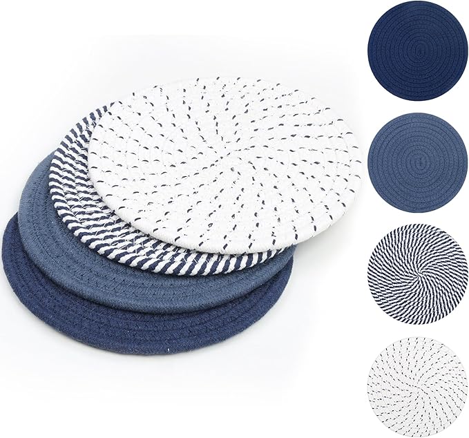 SHACOS 8 Inches Trivets for Hot Dishes, 4 Pieces Cotton Trivets Mats for Kitchen, Hot Pads for Countertops and Table, Heat-Resistant Pot Holders for Hot Pots and Pans(Blue, 4pcs)