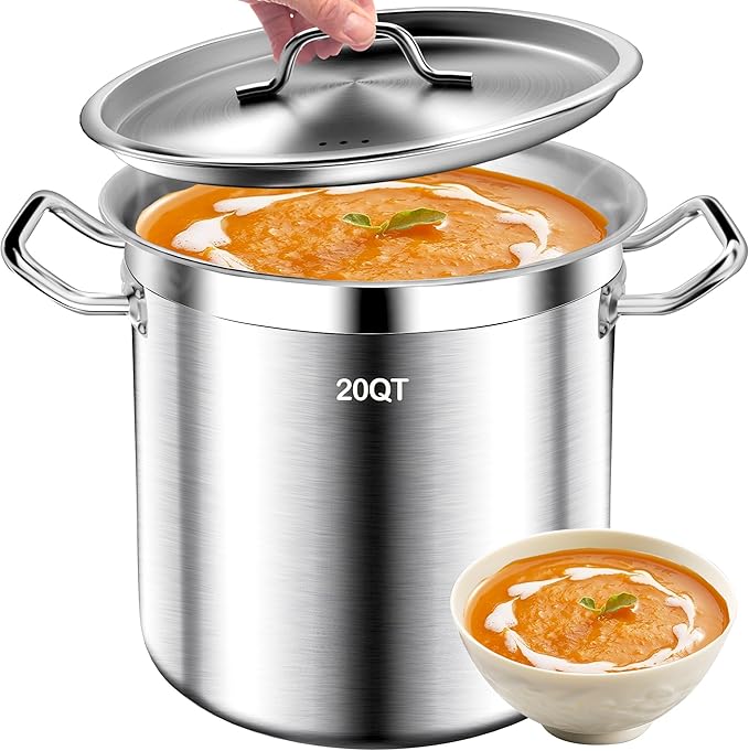 Large Stock Pot - 20Qt Brushed Stainless Steel Stock Pot With Lid - Heavy Duty Induction Commercial Grade Stockpots for Soup, Stew, Oven, Gas, Ceramic, and Dishwasher Safe
