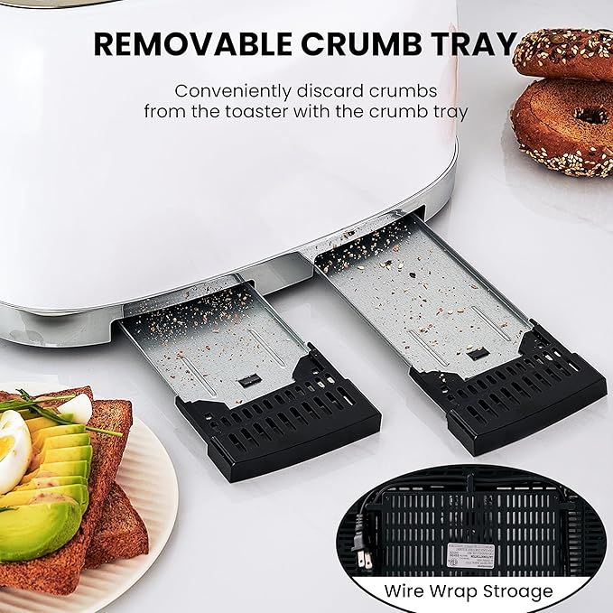 Roter Mond 4 Slice Toaster Retro Stainless Steel with Bagel Defrost Cancel Function, 6 Browning Settings, Extre Wide Slot and Removable Crumb Tray, White, ST033
