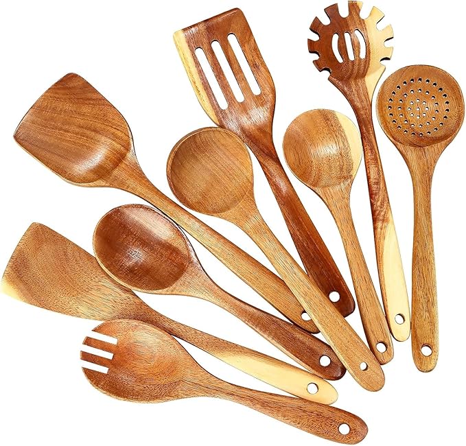Wooden Spoons for Cooking, 9 Pieces Natural Acacia Kitchen Utensils Set, Long Handles Heat Resistant Kitchen Wooden Cookware for Nonstick Pan (9)