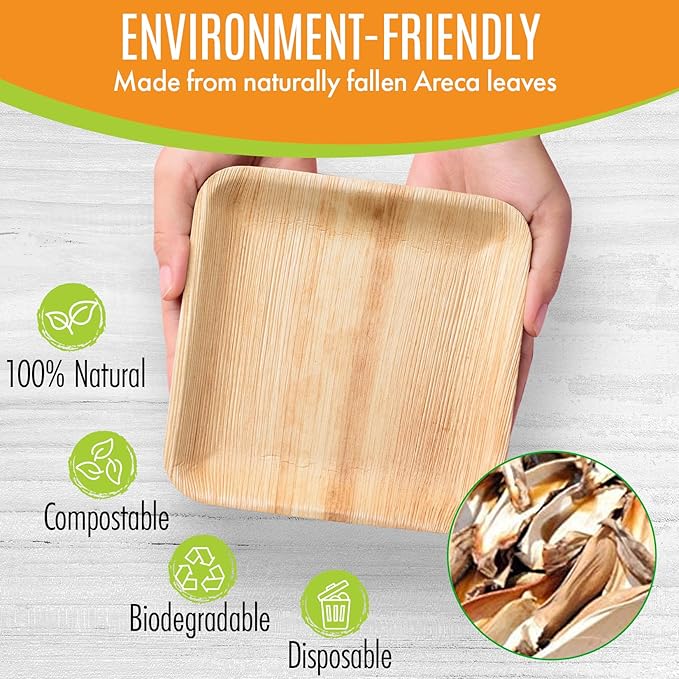 Raj Palm Leaf Plates Bulk [50-Pack] 10" & 7" Square Plates (100 CASES - 5000 PACK) like Bamboo plates Disposable, Strong, Decorative Compostable Tableware for weddings, Lunch, Dinners